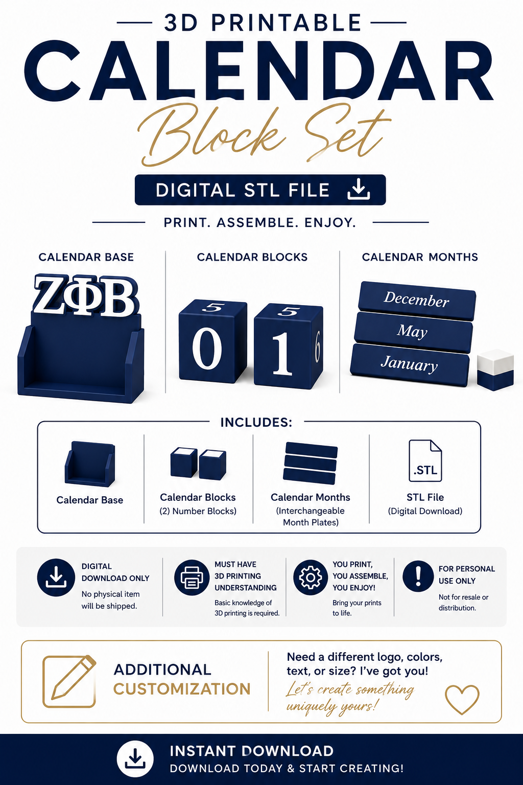 3D Zeta Calendar Block - Digital Download Only
